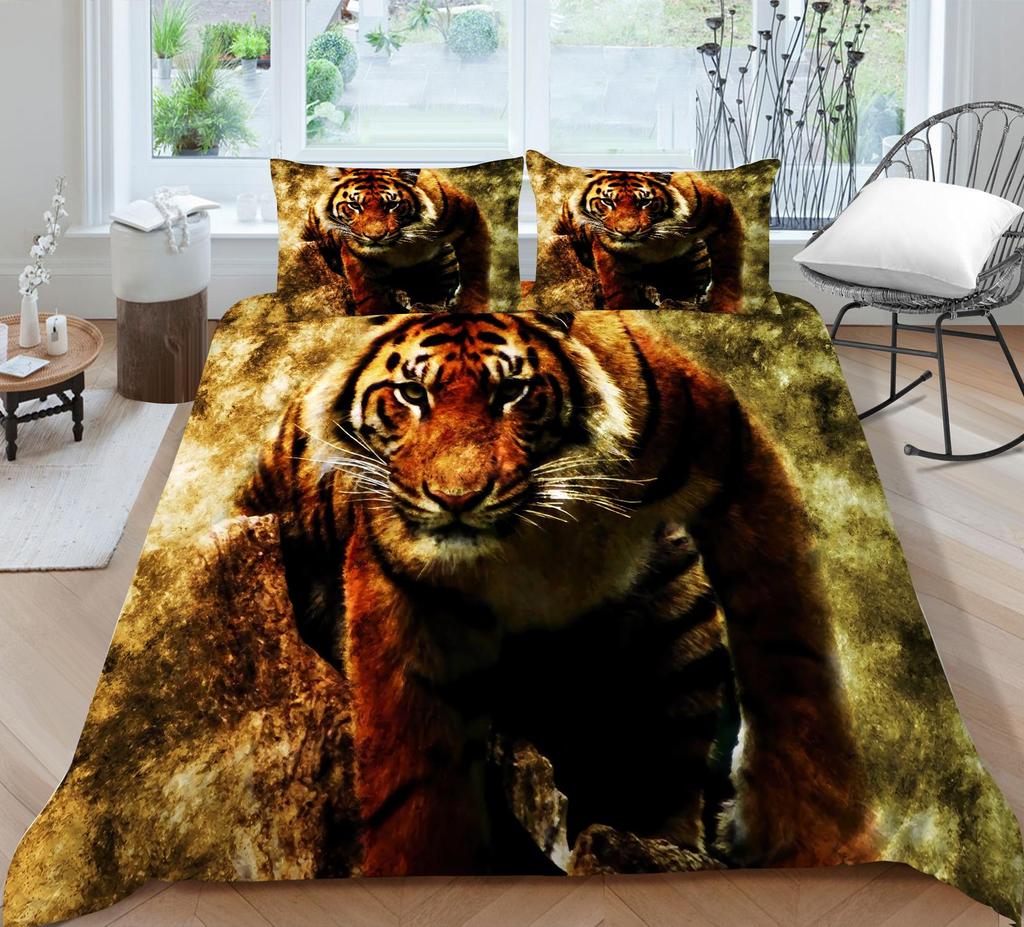 3D Tiger Pattern Luxury Home Bedding Set Full Size Quilt Cover and Pillowcase Ferocious Beast Print Washable Comfortable Bedroom Bedding
