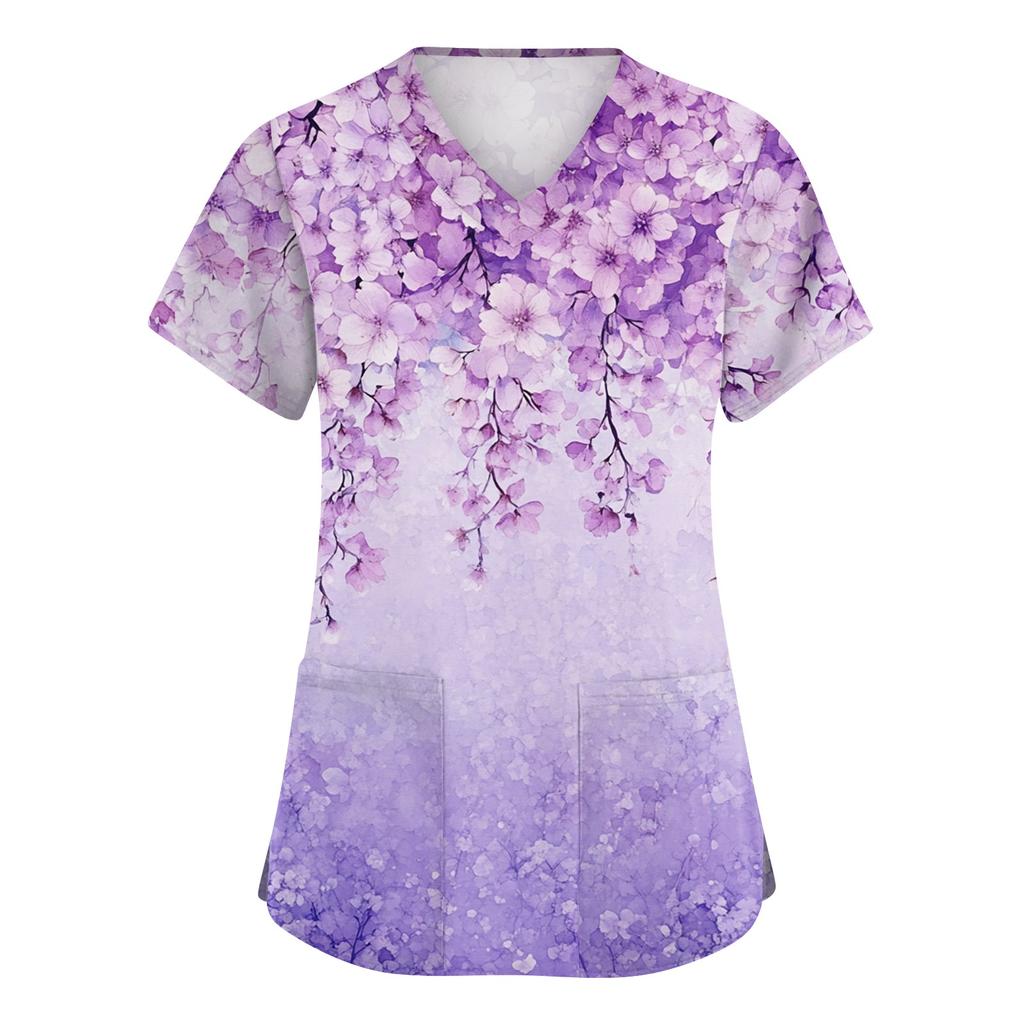Damen Modische V-Ausschnitt Arbeitskleidung Bedruckt Kurzärmlig Tasche Seitenschlitz Arbeitskleidung Basic Pullover Top