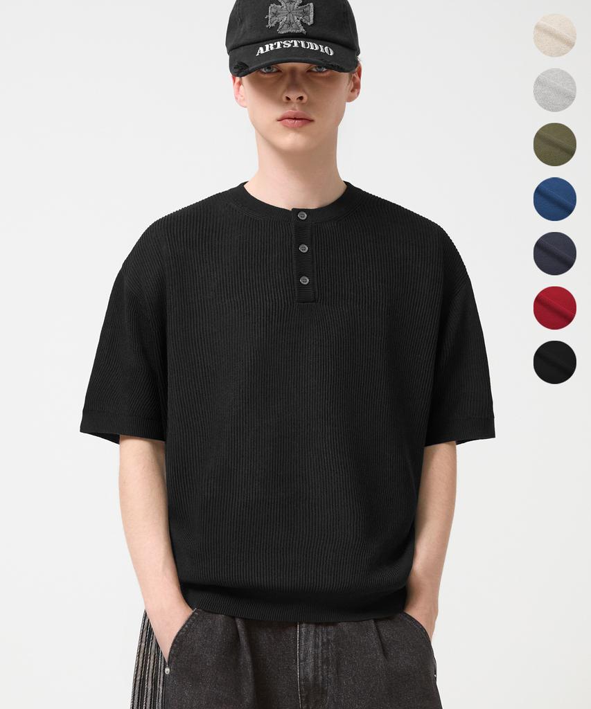 TRILLION Washable Linen Crop Henley Neck Short Sleeve Knit_7 Colors (Type A)