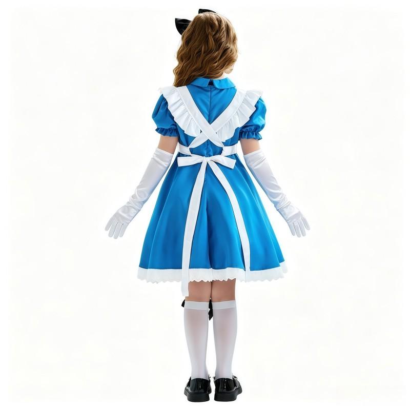 Kids Alice In Wonderland Cosplay Costume Set - Black Maid Dress With Apron Bow Hairband Stockings Halloween Party Performance