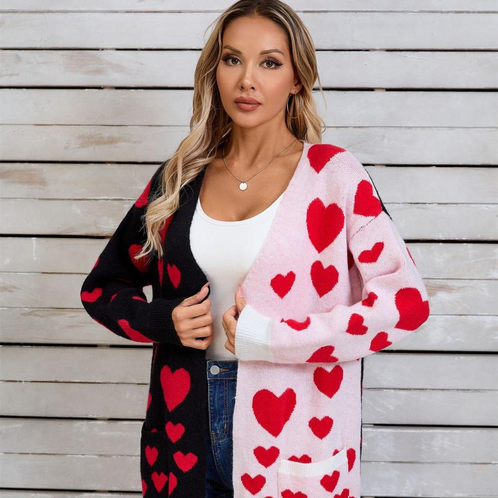 2025 Herbst Neuheit Splicing Strick Valentinstag Tasche Langer Cardigan Liebe Pullover