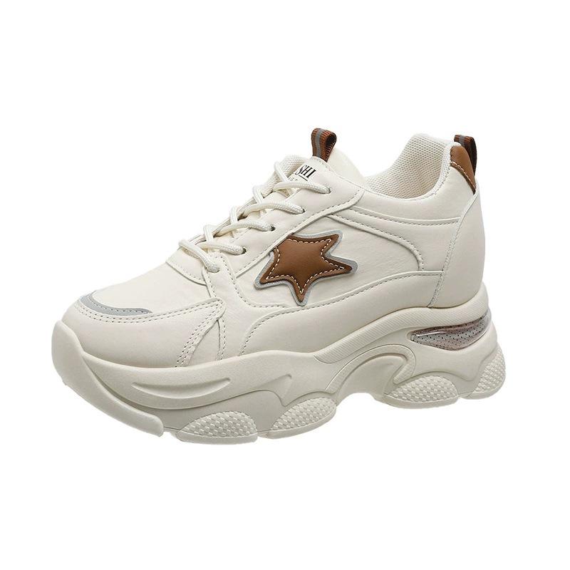 Dámské tenisky Dad Shoes Jaro Nové kulaté špičky Šněrování Barevný blok Studentská platforma Bílé boty