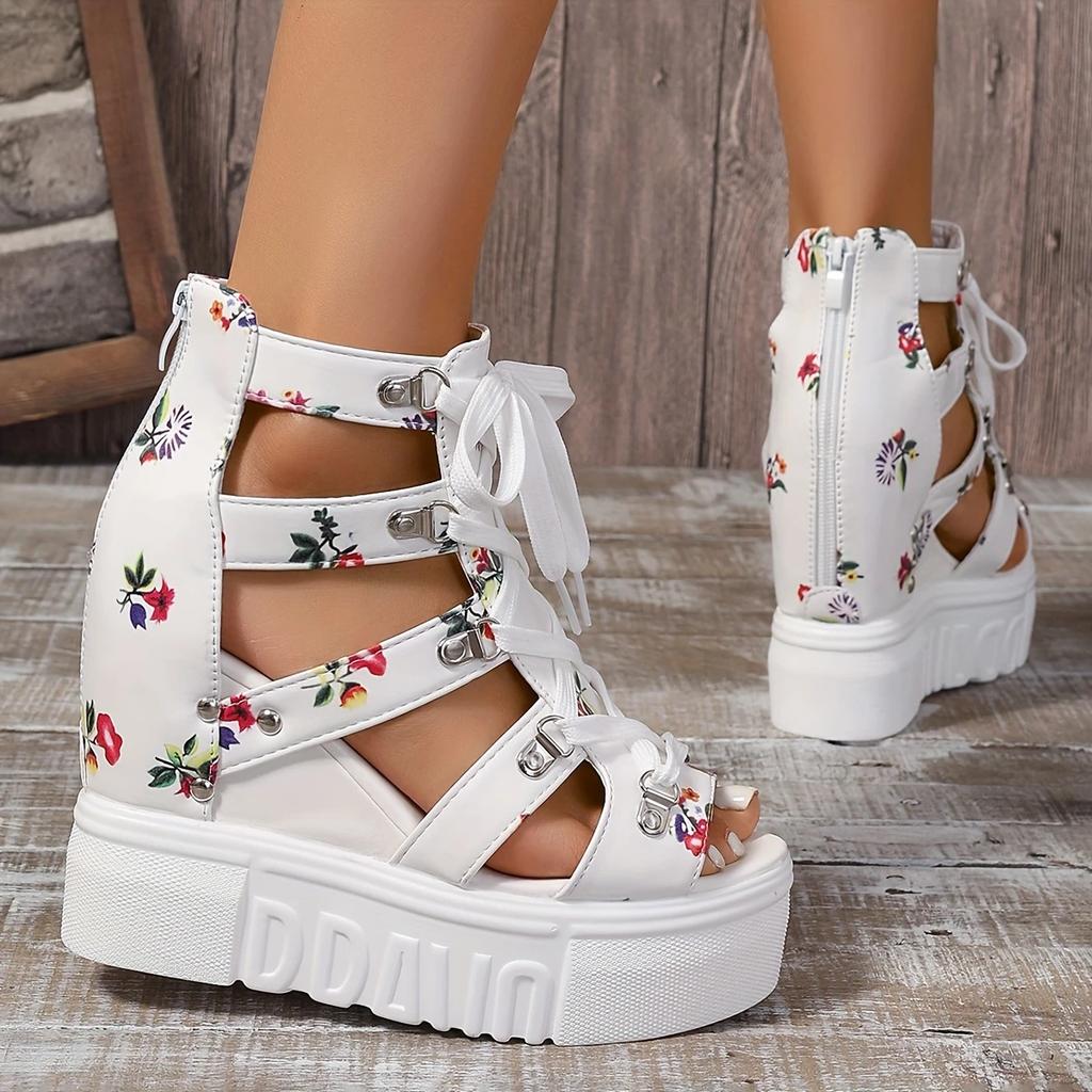 Women's Floral Vintage Sandals, Back Zipper Platform Hollow Lace Up Shoes, Summer Breathable Wedge Holiday Shoes