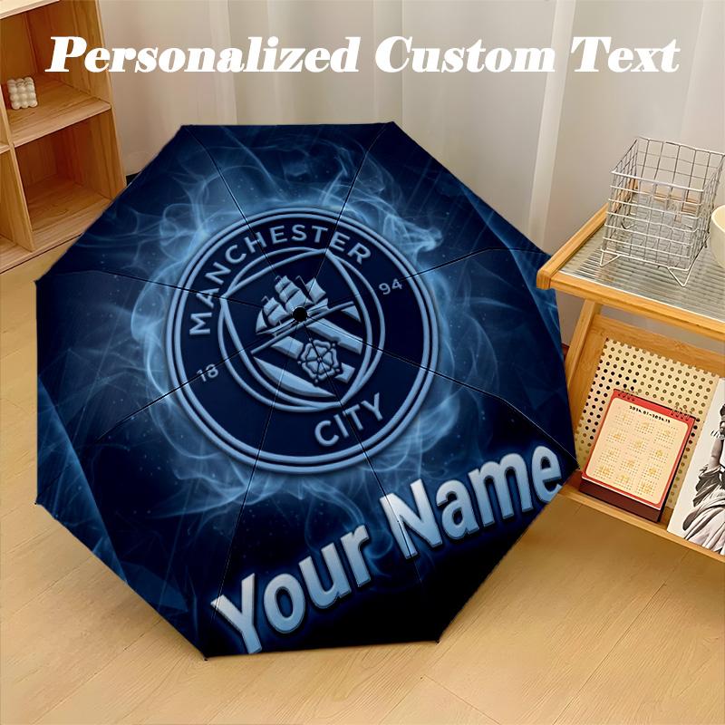 8 Rib Auto Folding Umbrella Manchester City Print Custom Name Text Portable Rain Gear