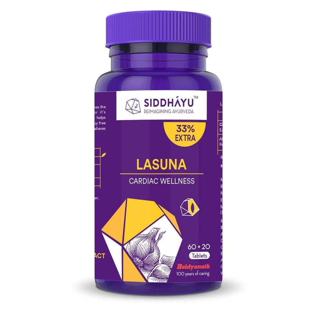 Siddhayu Lasuna Garlic Tablet | Cardiac Wellness | (From the house of Baidyanath) | Improves Digestion | Balance Cholesterol Levels | 60 + 20 fre