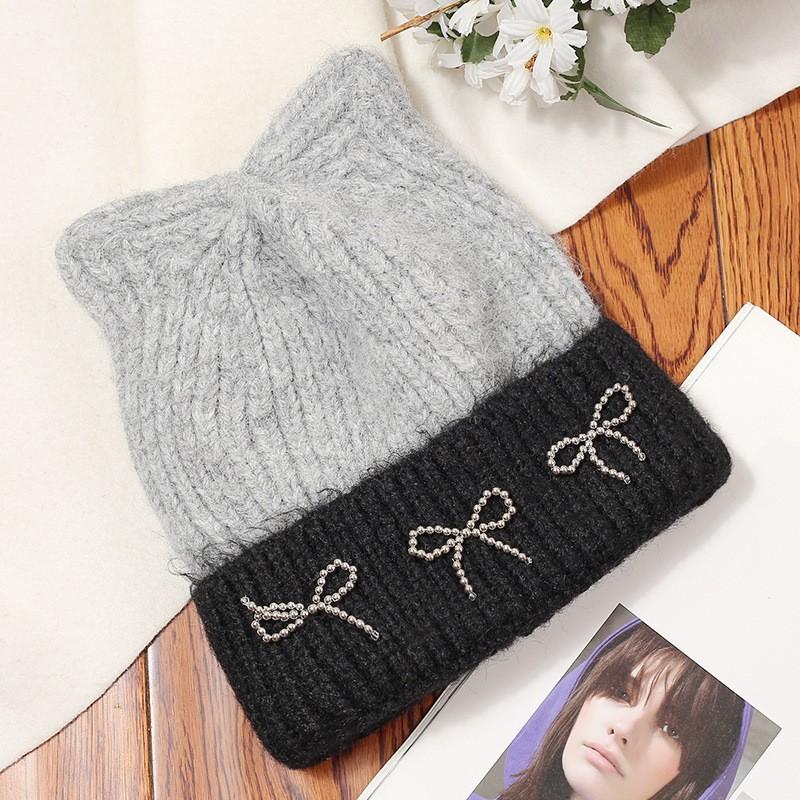 Autumn and Winter New Cute Cat Ears Bow Wool Hat Versatile Women's Big Head Circumference Ear Protector Knitted Cold Hat Wholesale