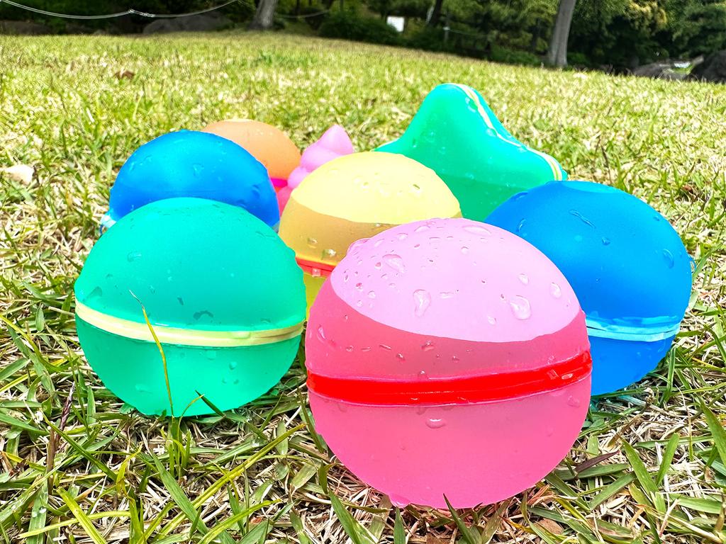 DINETTE Reusable Silicone Water Balloons with Mesh Storage Bag, 5 Varieties, Set of 10 Splash Balls