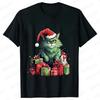 New Year Short Sleeve Tshirt Cute Cat Print Tops Fashion Xmas Unisex Tees Shirt Trend Graphic Christmas Male Oversized Clothing