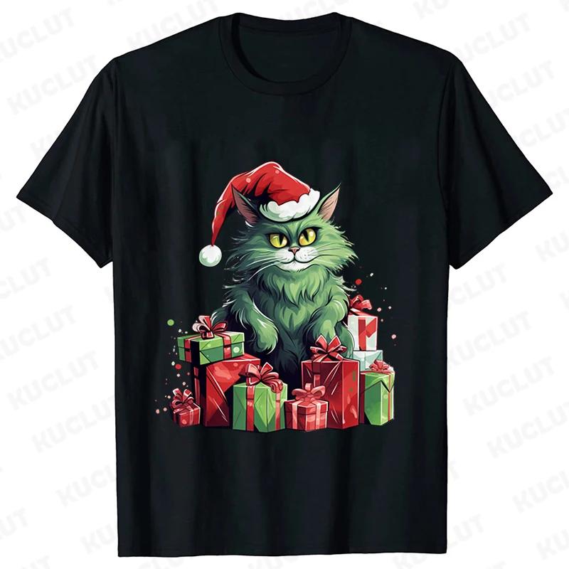 New Year Short Sleeve Tshirt Cute Cat Print Tops Fashion Xmas Unisex Tees Shirt Trend Graphic Christmas Male Oversized Clothing