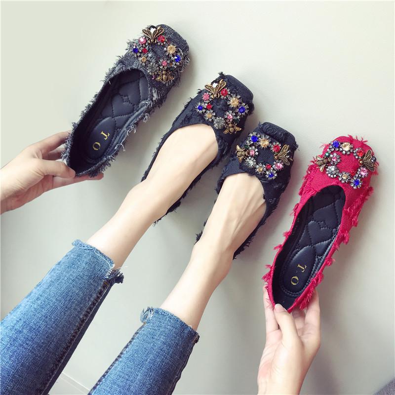 Autumn Fashionable All-match Rhinestone Square Buckle Square Toe Cloth Flat Heel Single Shoes Women's Soft Sole Moccasins