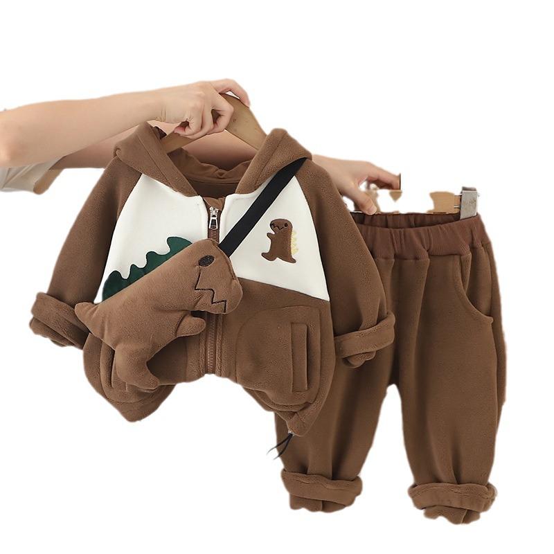 Boys' Fleece Hooded Jacket & Pants Set - Korean Style Winter Fashion