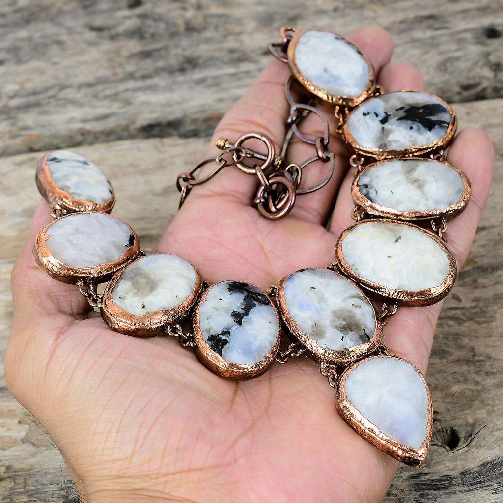 Rainbow Moonstone Necklace Electroformed Copper Necklace Adjustable Chain Necklace Dainty Gemstone Necklace Handmade Copper Jewelry For Gift