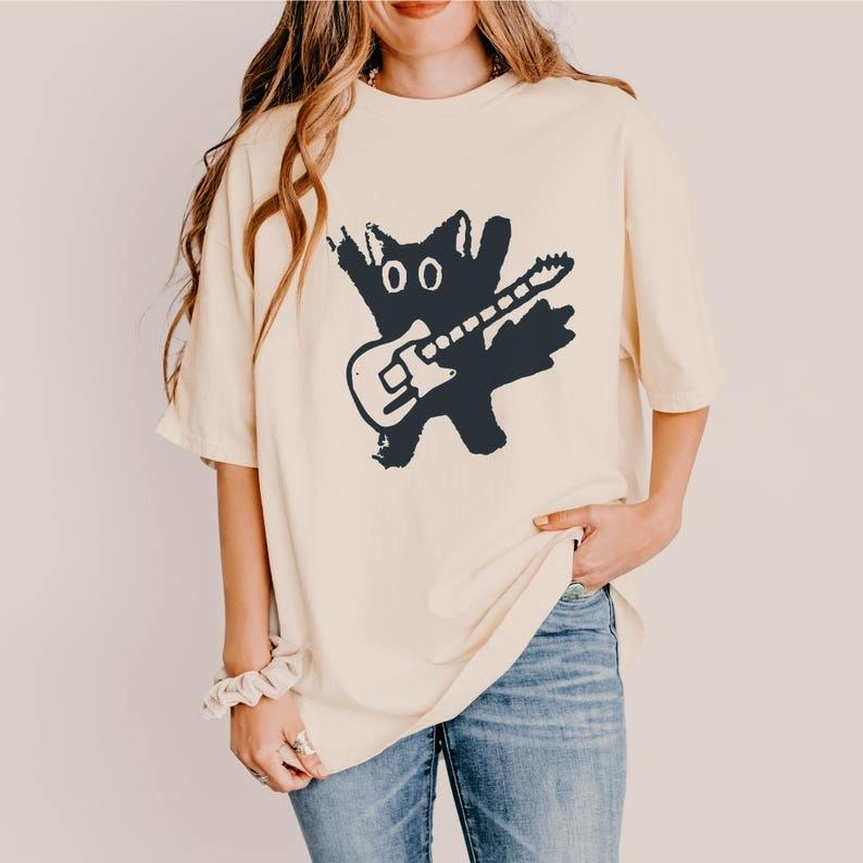 Rockstar Cat Grunge Punk Band Tee Aesthetic Abstract Guitar Tshirt Unisex Unisex Harajuku Y2k Tshirt Trendy Streetwear Tee Tops