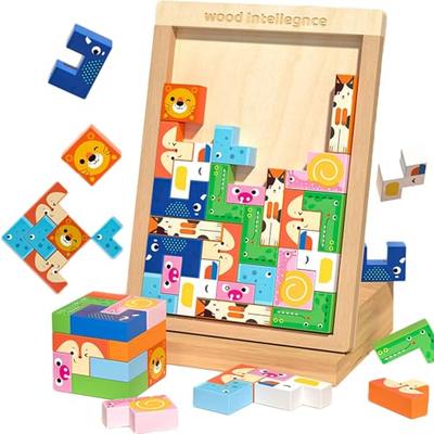 Bajoy 4-in-1 Montessori Educational Toy Wooden Puzzle Tetris Jigsaw Puzzle Building Blocks 3D Puzzle Brain Training Memory Training Spatial Reasoning