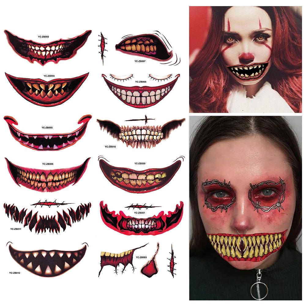 Halloween Temporary Tattoo Stickers Waterproof Horror Lips DIY Stickers Big Mouth Fake Tattoos Scar Special Facial Funny Makeup
