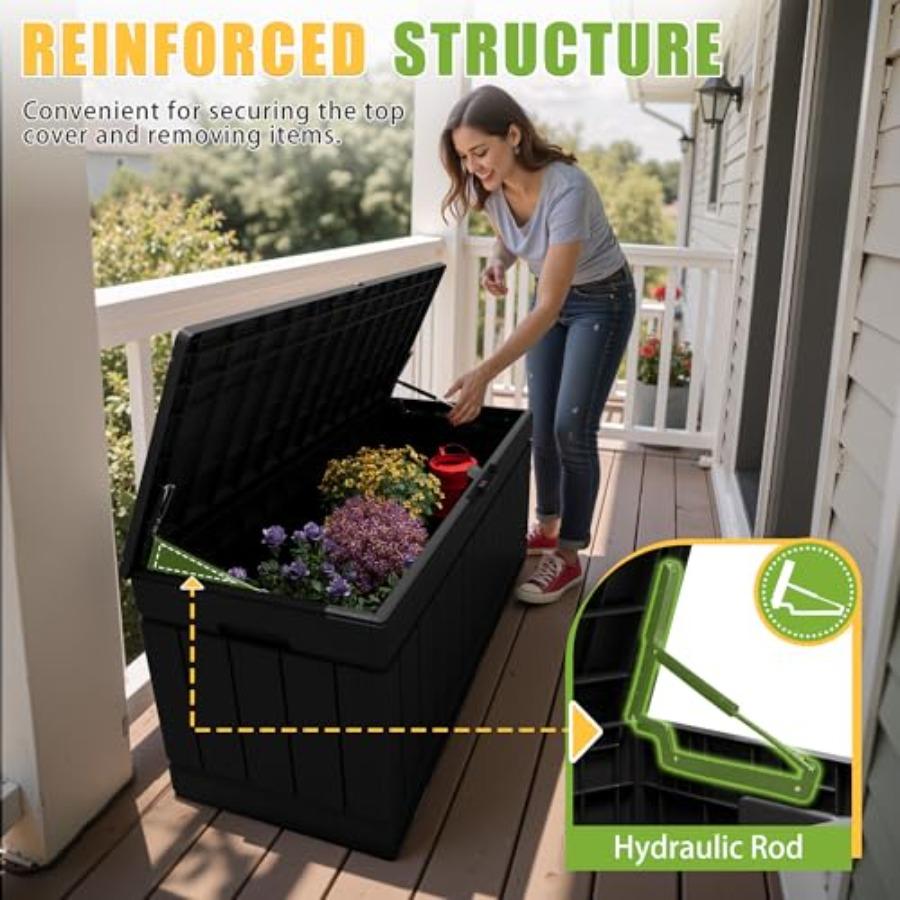 82 Gallon Outdoor Storage Box with Lid for Patio Furniture Garden Tools Pool Supplies Waterproof UV Resistant Lockable Black
