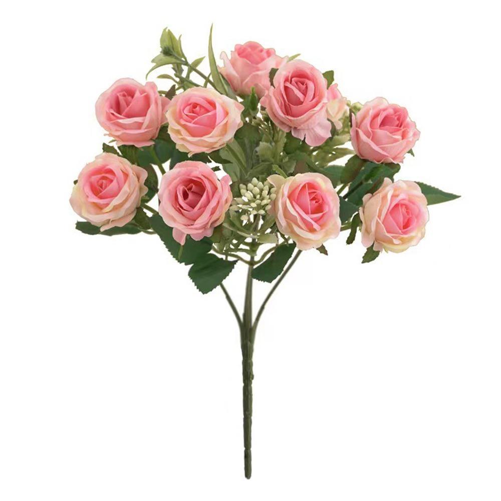 10 Heads Rose Artifcial Flower Green Leaves Multicolor Faux Flower Rose Photo Props Desktop Ornament Simulation Rose Flower