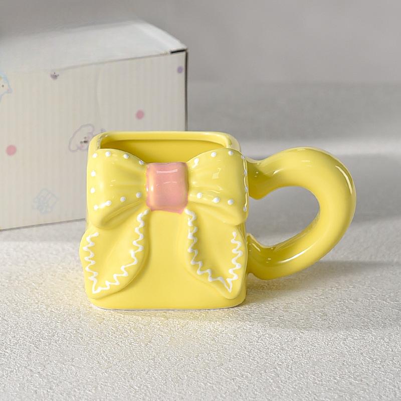 

Solid Color Bow Square Ladies High Looking Mug Design Niche Ceramic Coffee Cup Cute Drinking Cup 350ML