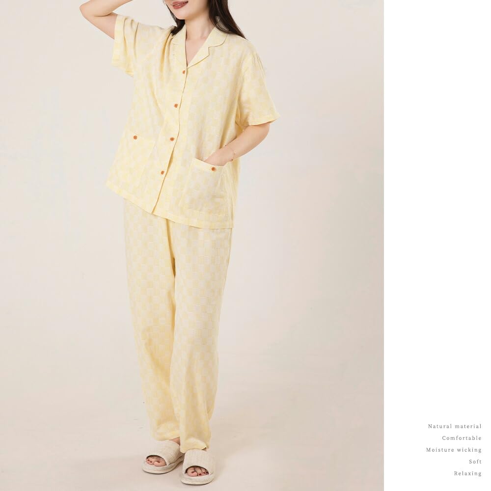 Yes Family Double Gauze Pajama Short Check Size Yellow Women's Set, 100% Cotton, Sleeves, Pattern, L,