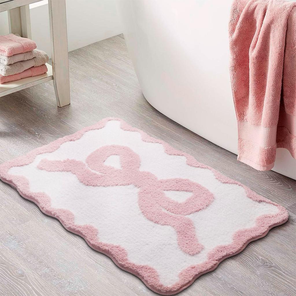 1pcs Pink Bow Bath Mat for Bathroom  Cute Preppy Rugs with Scalloped Edges, Soft Microfiber, Ultra Absorbent, Non-Slip