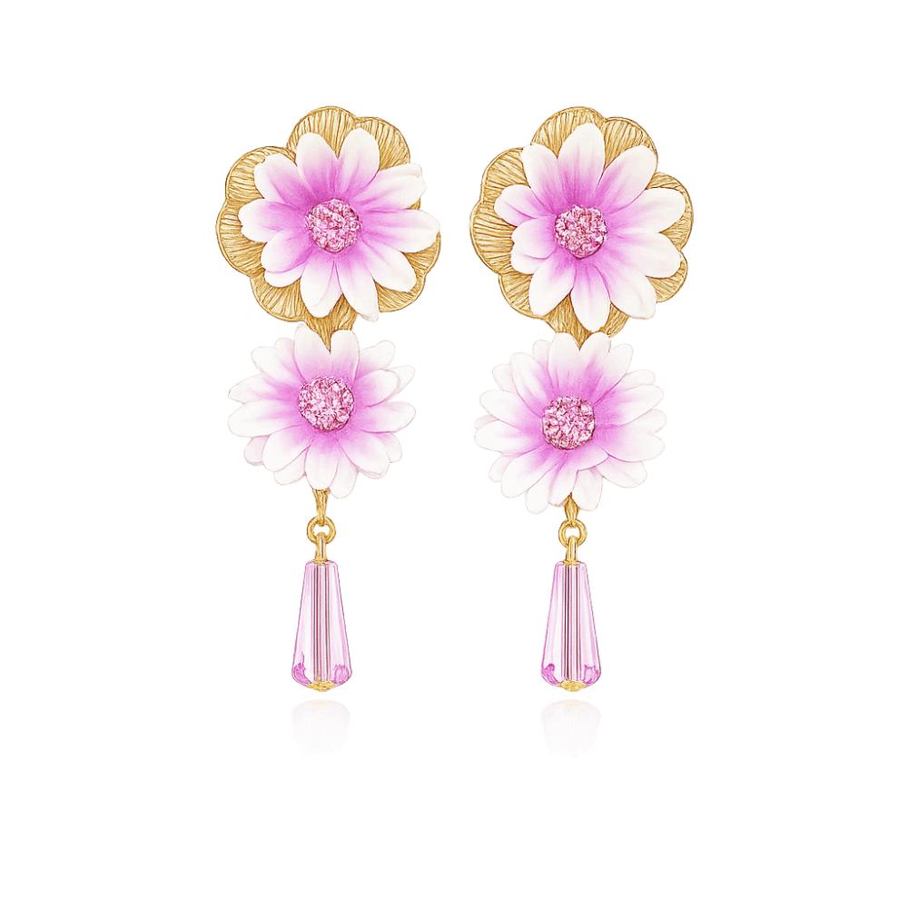 Colorful Fabric Flower Earrings Glass Crystal Drop Earrings Floral Pendant Earrings  Women Jewelry