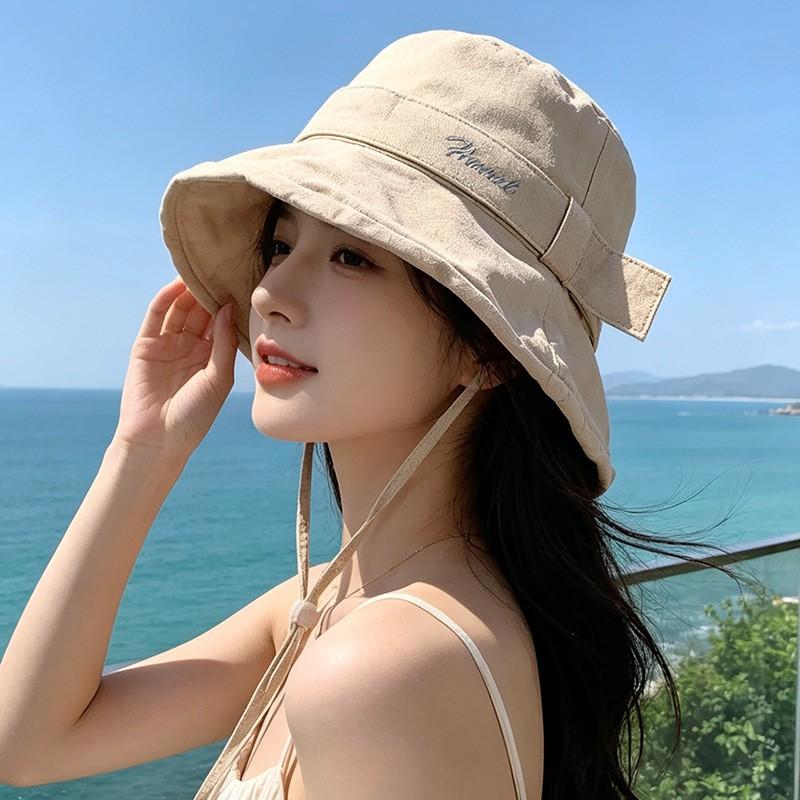 Womens Korean Style Minimalist Wide Brim Bucket Hat With Embroidered Adjustable Chin Strap Sun Protection UV