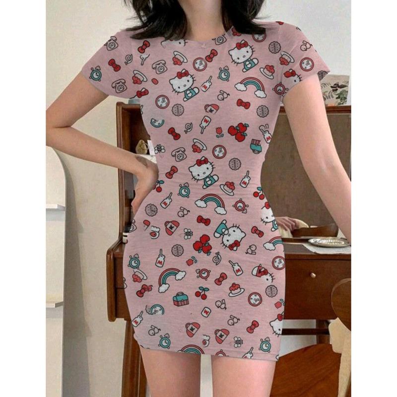 Y2k Fashion Women's 2024 Summer Sexy Tight Mini Dress Party Hello Kitty Printed Loose Short Dress