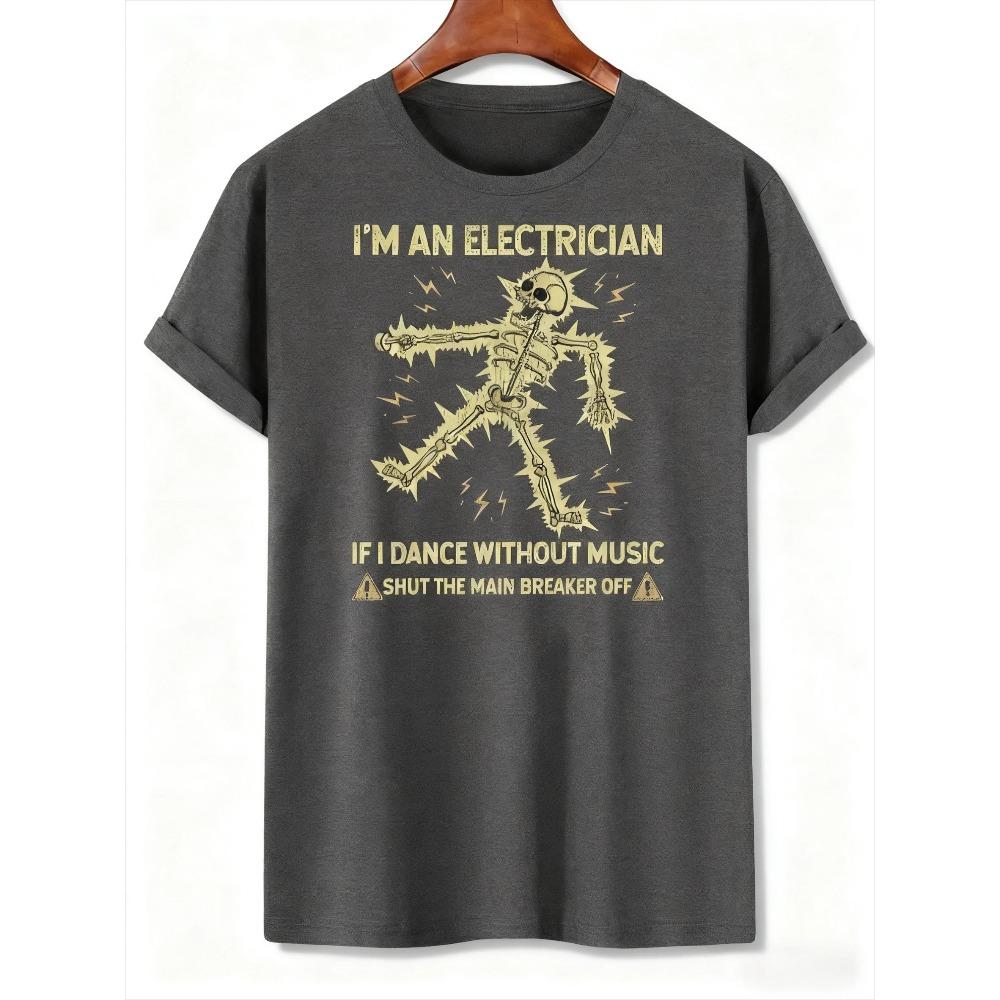 Black Electrician Skeleton Humor T-Shirt ‘Shut The Main Breaker Off’ Graphic Casual Tee for Electric Enthusiasts Trendy Outfits