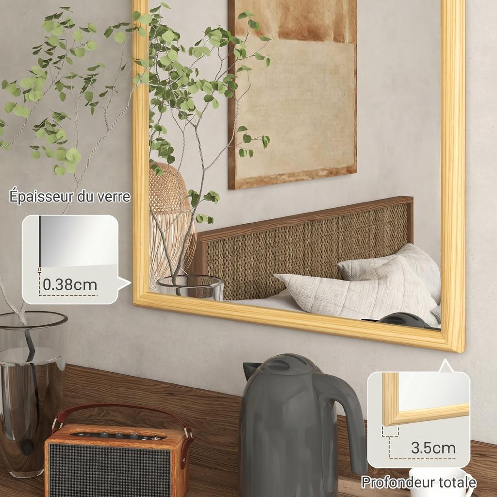 Arched Wall Mirror, Wooden Frame, 110 x 65 cm, Natural Wood