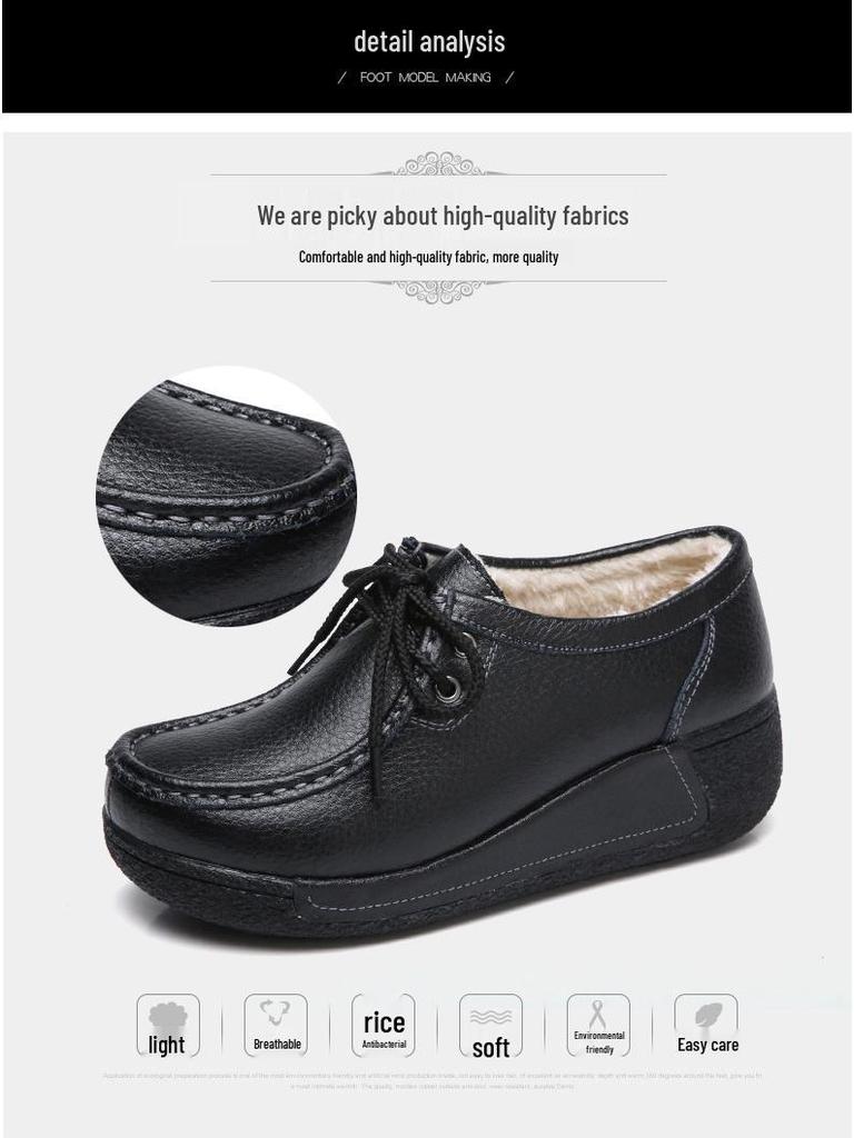 Dámské mokasíny na platformě z pravé kůže v korejském stylu - Sametové, bavlněné, silná podrážka, zvyšující výšku, ležérní, všestranné, teplé boty