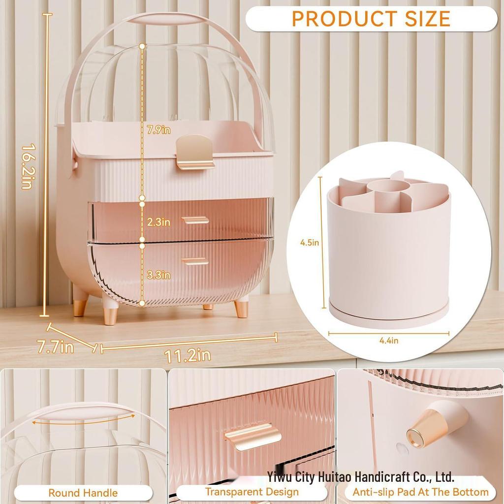Cream-Style Makeup Storage Box: Dustproof Flip Lid Organizer with Drawer & Brush Holder