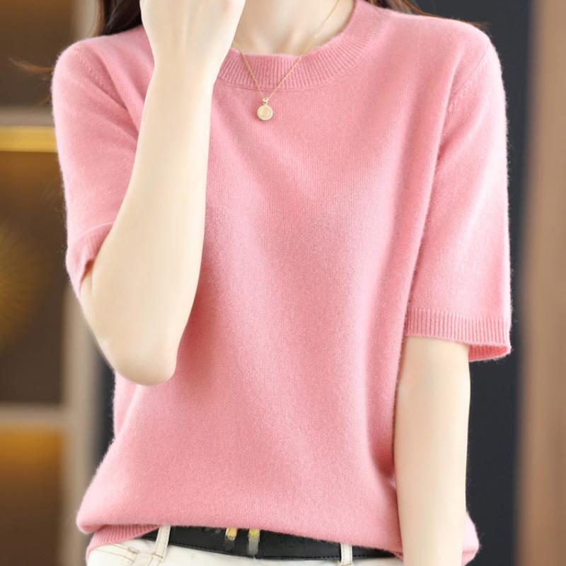 Women's Spring and Summer Short-sleeved Women O-neck Slim Pullover Vest T-shirt Knitted Base Sweater