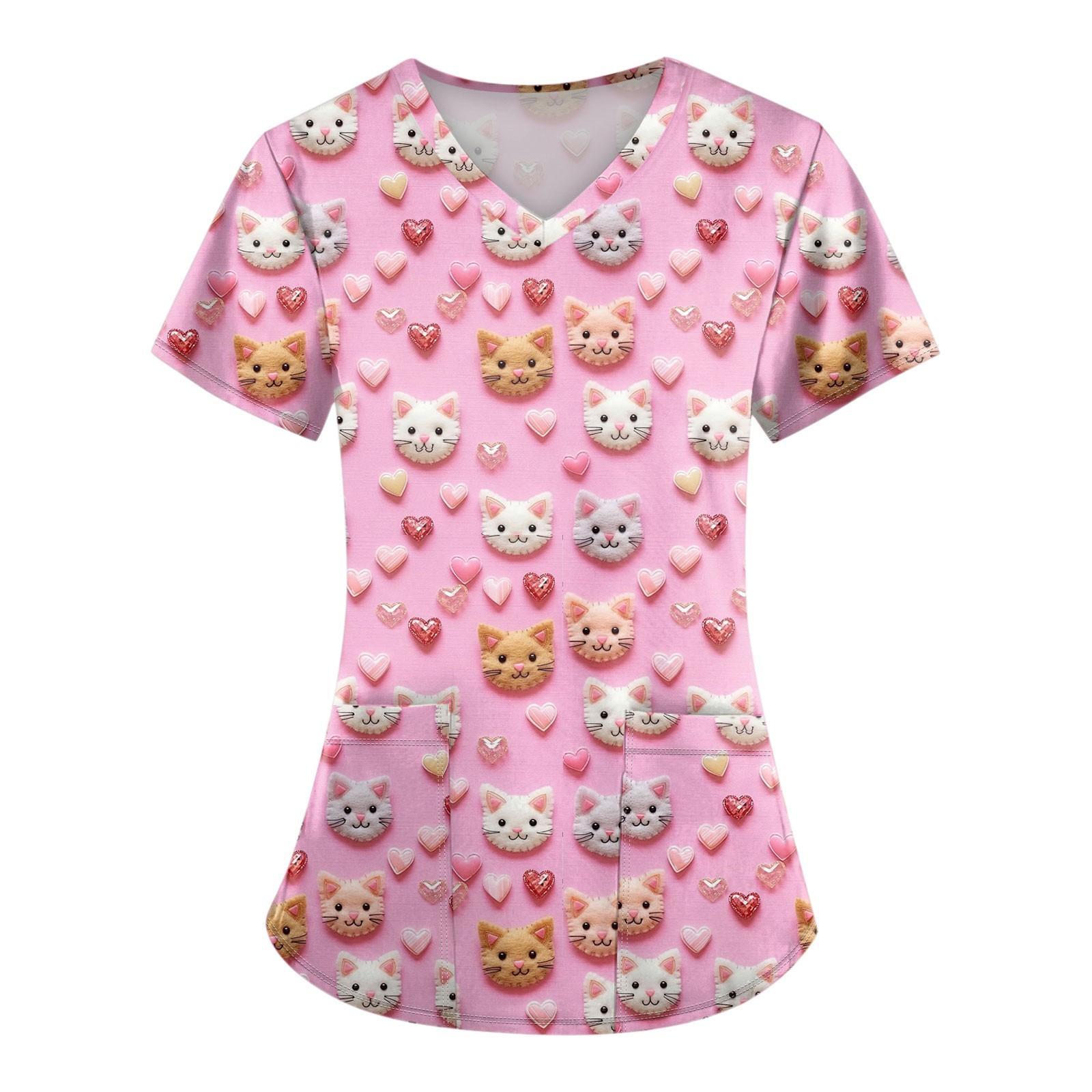 

Женские модные топы с короткими рукавами и V-образным вырезом с принтом, рабочие футболки с карманами S