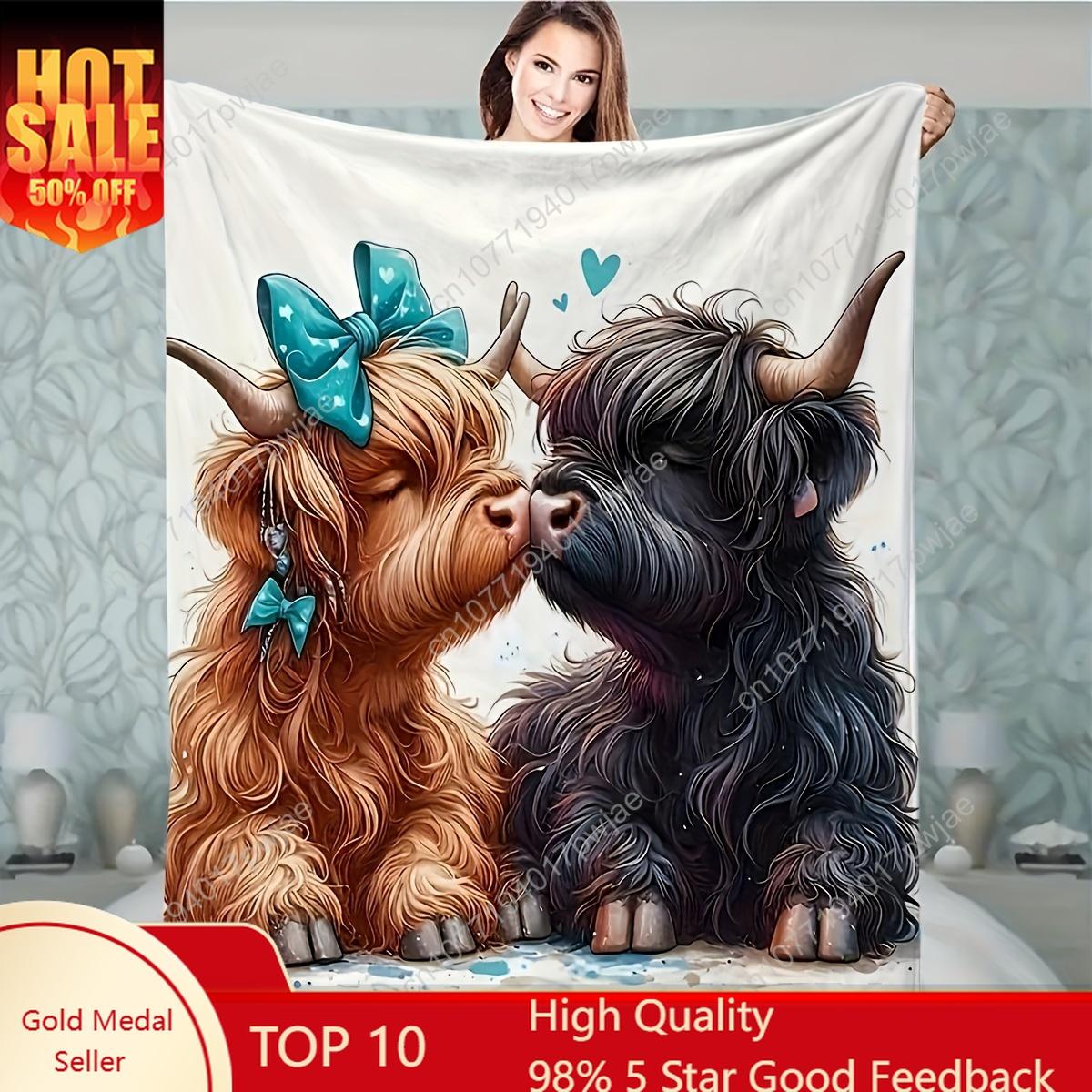 [Highland Cows Blanket] 1pc Highland Cows Print Flannel Blanket - Soft, Warm, and Cozy Multi-Purpose Throw for Office, Camping, 75X95CM