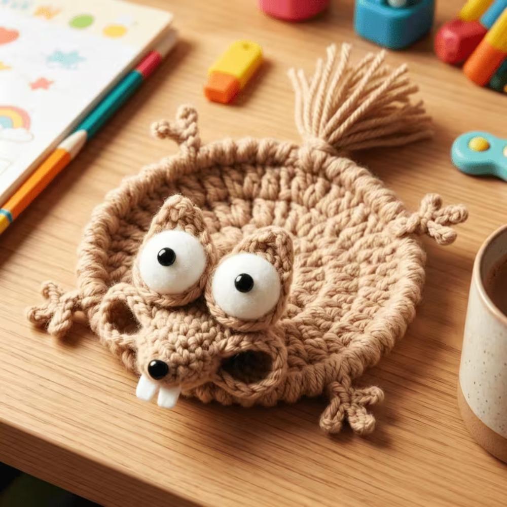 1Pc Cute Handmade Crochet Squirrel Coaster Heat Resistant Table Mat for Home Dining Party Decor Holiday Table Setting Ideal Gift Cup Holders 5