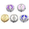 Religious Storage Box for Rosary Storage, Round Metal Case, Prayer Beads Necklace Holder, Catholic Jewelry Organizers for Church Displays