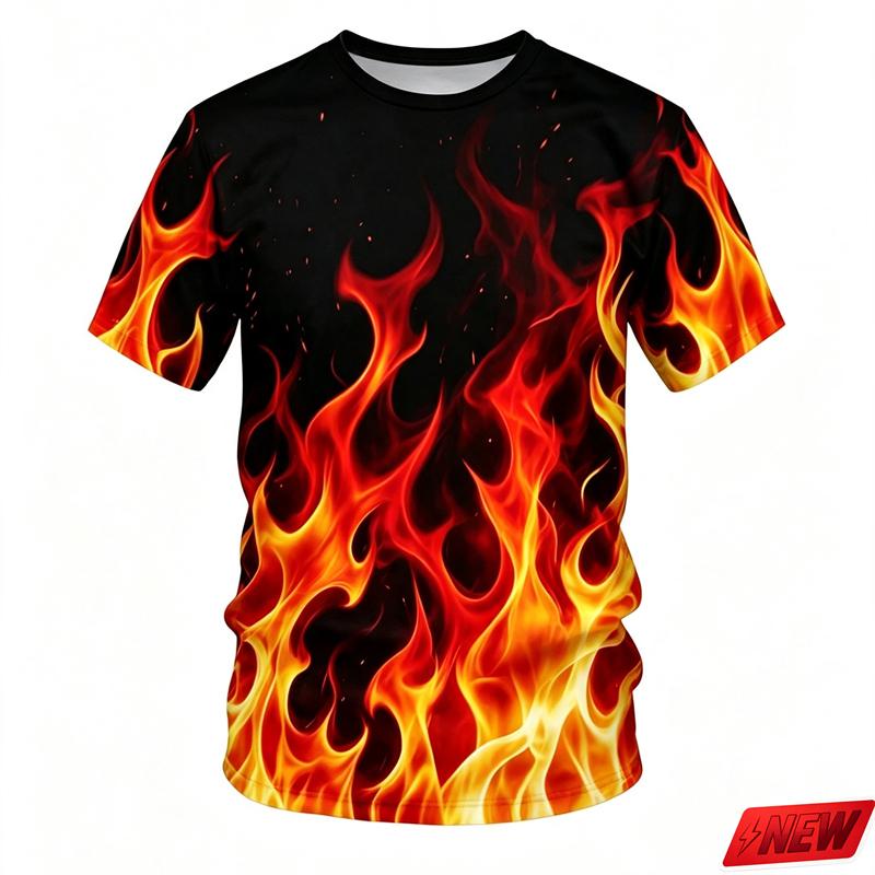 Men's 3D Color Flame Printed T-shirt for Summer Casual and Comfortable Short Sleeved Top, Fashionable Street Round Neck Clothing
