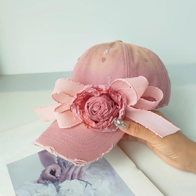 Damen 3D Rose Sonnenhut Atmungsaktiver Sonnenschutz Denim Baseballkappe Urlaubs-Outdoor-Reisekappe