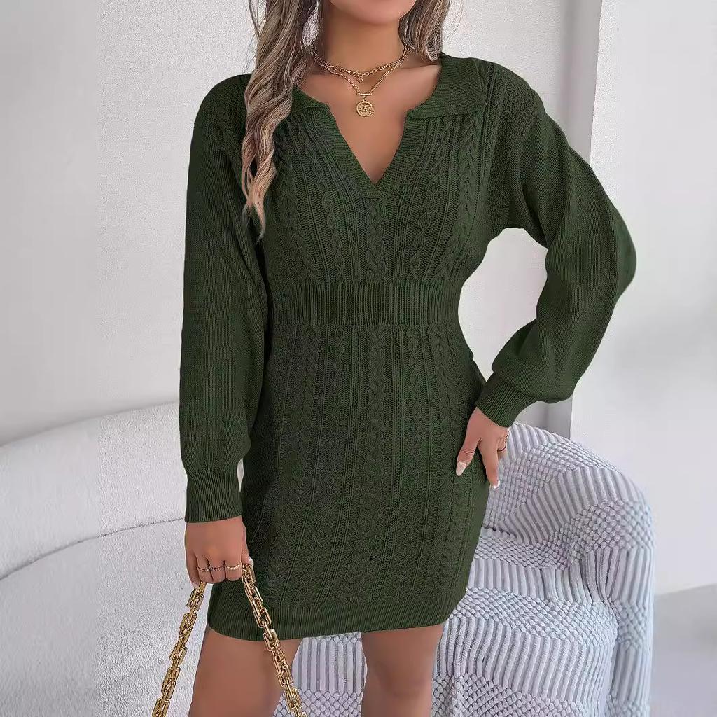 Damen Strickpullover Kleid V-Ausschnitt Laterne Langarm Twist Pullover Jumper Lässige Strickwaren Tops