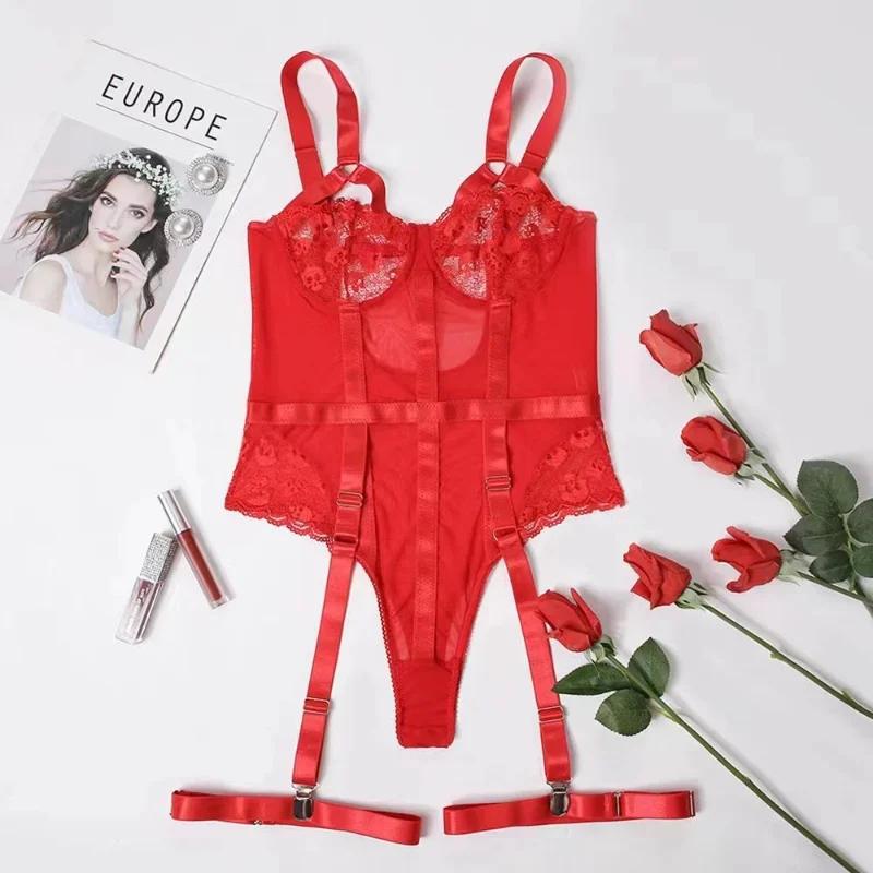 Women Sexy Bodysuit Mesh See Through Underwear Lace Ultrathin Bra & Brief Sets Garter Belt Corset Bikini Nightwear Lace Lingerie