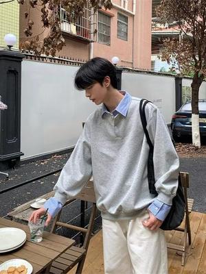 Men's Color-Block Polo Sweatshirt: Fake Two-Piece, Loose Fit, Long Sleeve, Lapel Design, Spring/Autumn Casual Versatile Top.