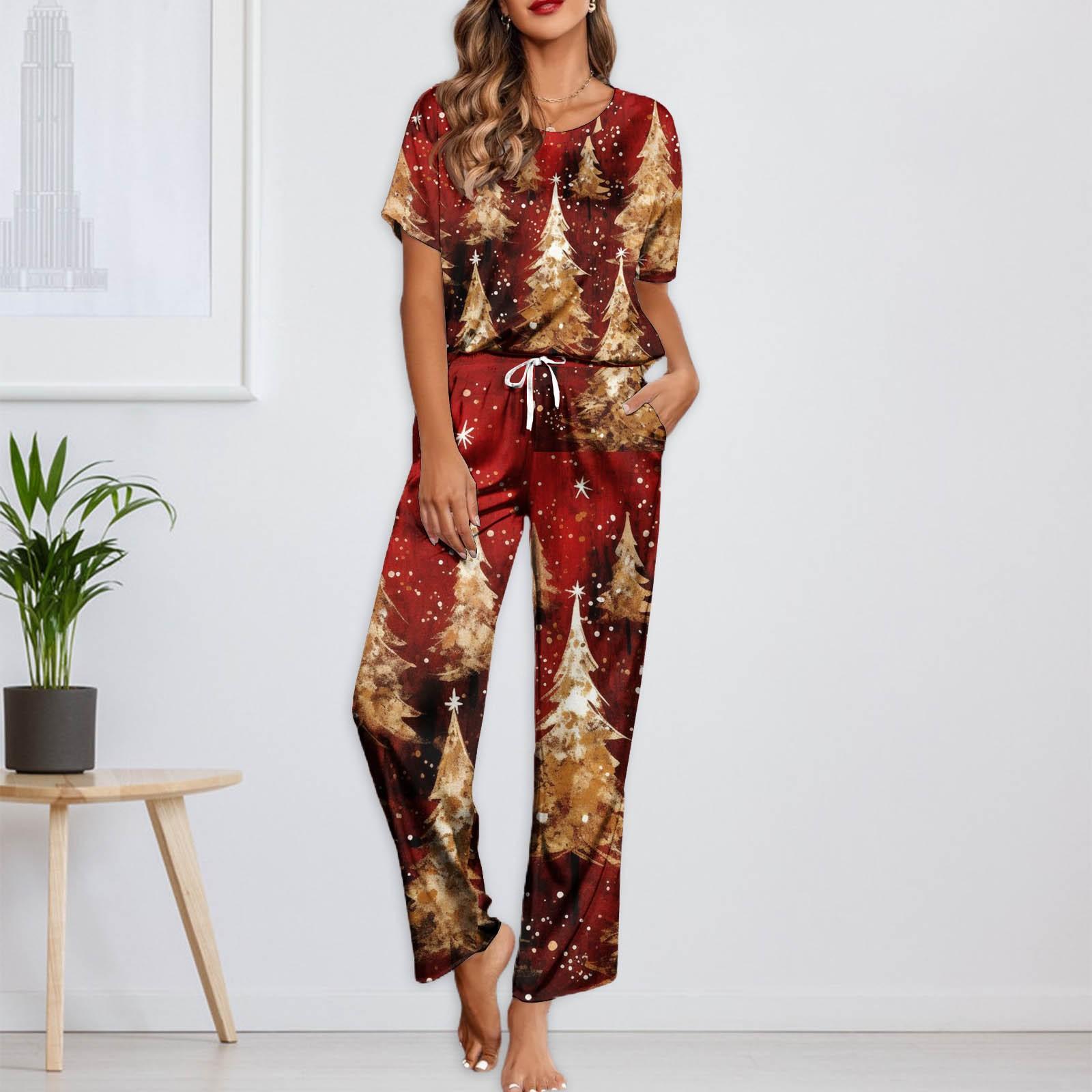 

Женский шелковый атласный пижамный комплект с рождественским принтом, рубашка с коротким рукавом и длинные пижамные штаны, мягкая домашняя одежда L зелёный