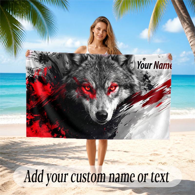Wolf Theme Beach Towel Personalized Custom Name & Text Soft Quick Dry Beach Towel for Swimming Travel