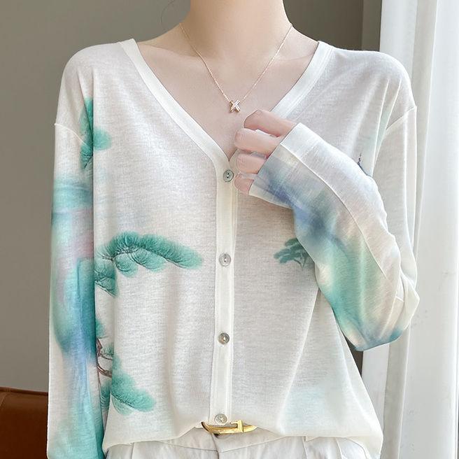 Cardigan subțire de damă Primăvară Vară Cardigan tricotat cu imprimeu mătase Jachetă Mânecă lungă Larg Top tricotat cu protecție solară
