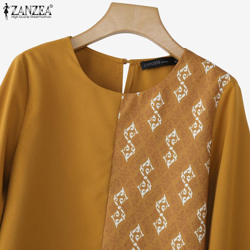 ZANZEA Women Print Patchwork Loose Casual O-neck Long Sleeve Blouse