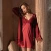Women's Nightgown Autumn Solid Color Satin Lace Red Bathrobe Simple and Comfortable Lace-up V-Neck Sexy Elegant Nightgown