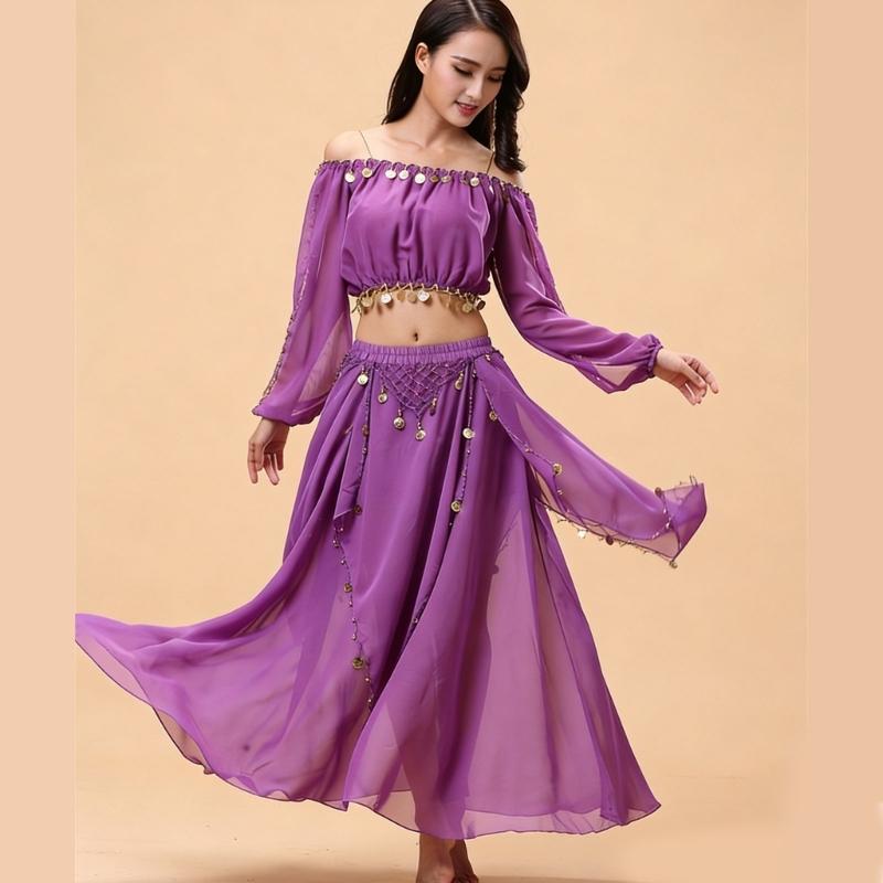 Set Costume Danza del Ventre a Maniche Lunghe da 2 Pezzi per Donne Tessuto Morbido in Chiffon Outfit da Ballo Outfit per Esibizioni Professionali