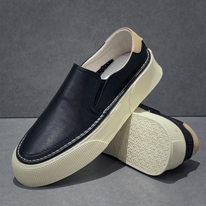 Cross-Border One-Pedal Men'S Shoes First-Layer Cowhide Thick-Soled Casual Board Shoes Spring New Lazy Foot Cover White Shoes Genuine Leather