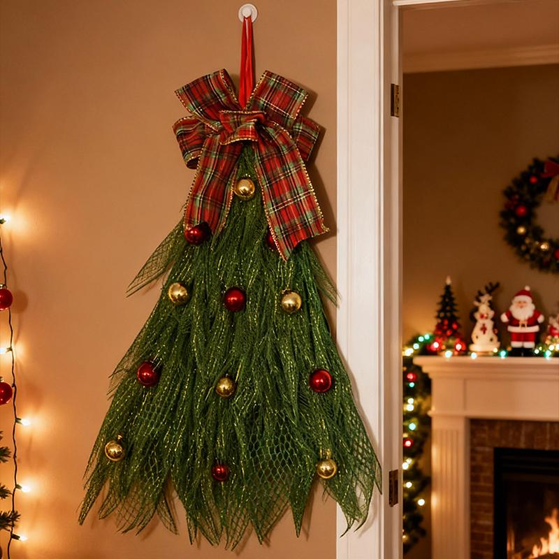 Christmas Tree Wreath with Bowknot Elegant Front Door Hanging Ornament for Garden Room Xmas Decoration New Year Festival