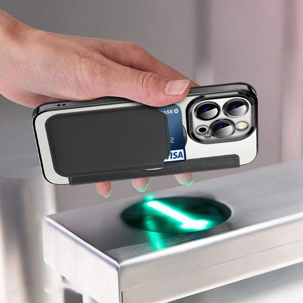 Dla iPhone 13 Pro 6,1 cala Kompatybilny z MagSafe Blokowanie RFID Przegródki na karty TPU amortyzujący wstrząsy Elektroplaterowany Przezroczysty tył Etui z klapką z folią na obiektyw